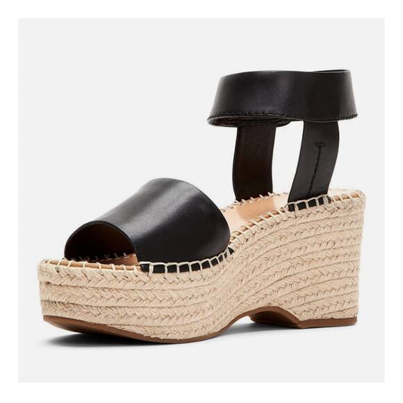 Frye 9.5 Amber Espadrille $148 Platform Wedges Leather Sandals Raffia Black - Picture 2 of 10
